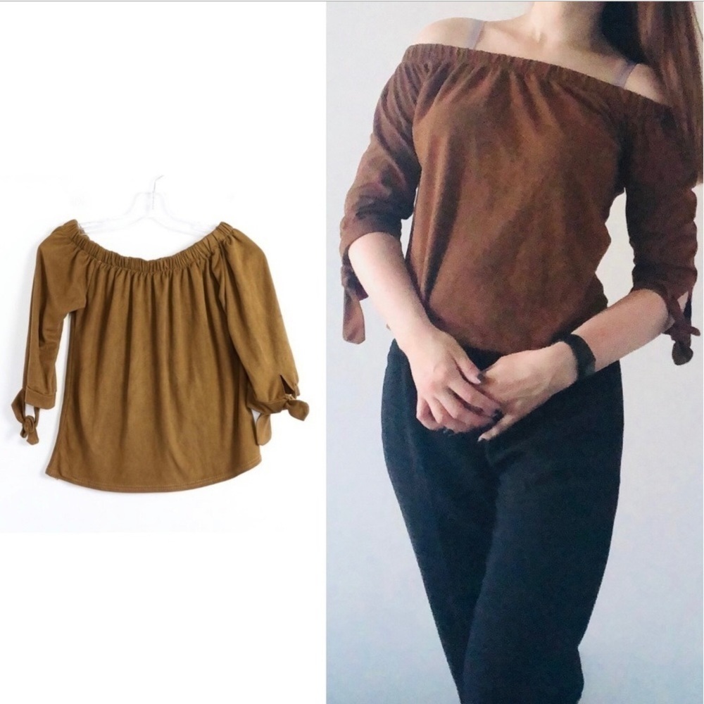 Faux suede off the shoulder boho top brown 3/4 sleeves XS summer casual blouse